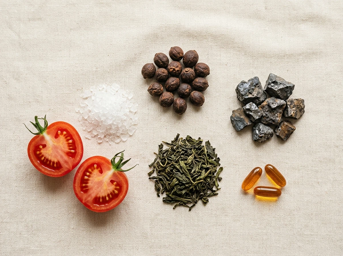 Flat lay of saw palmetto berries, zinc, lycopene tomatoes, vitamin E capsules and magnesium on cream linen