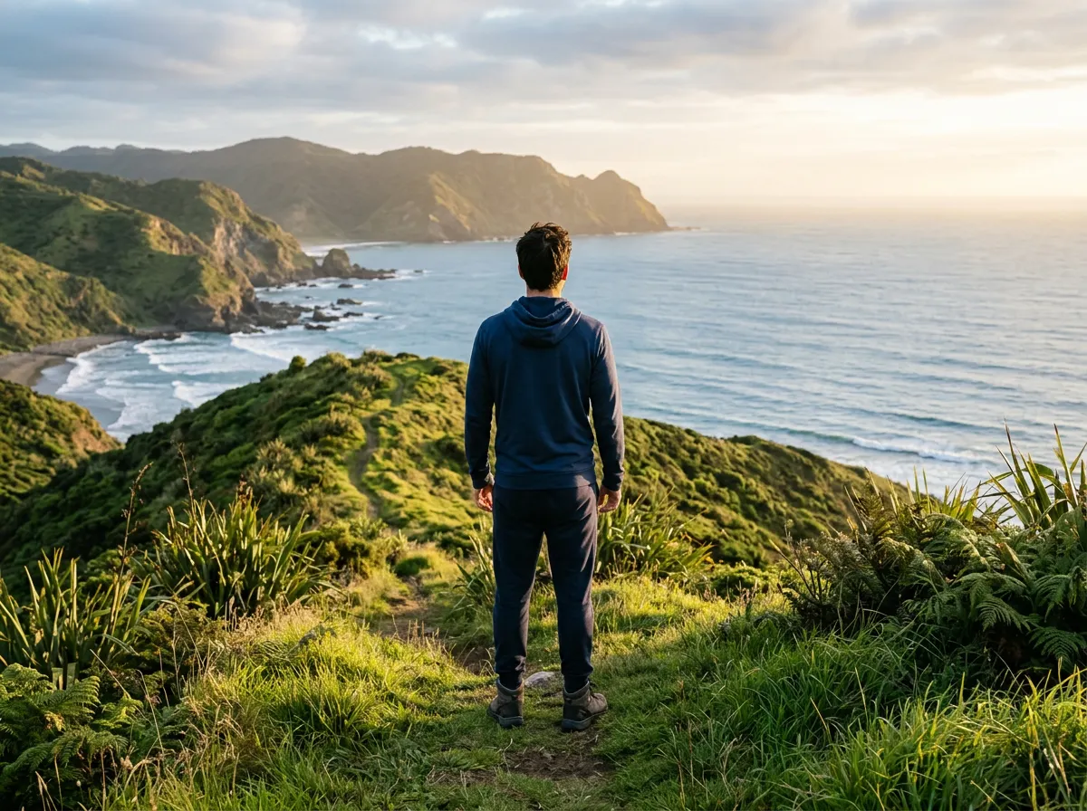 Anonymous man from behind on a coastal New Zealand hillside at sunrise, active outdoor wellness lifestyle
