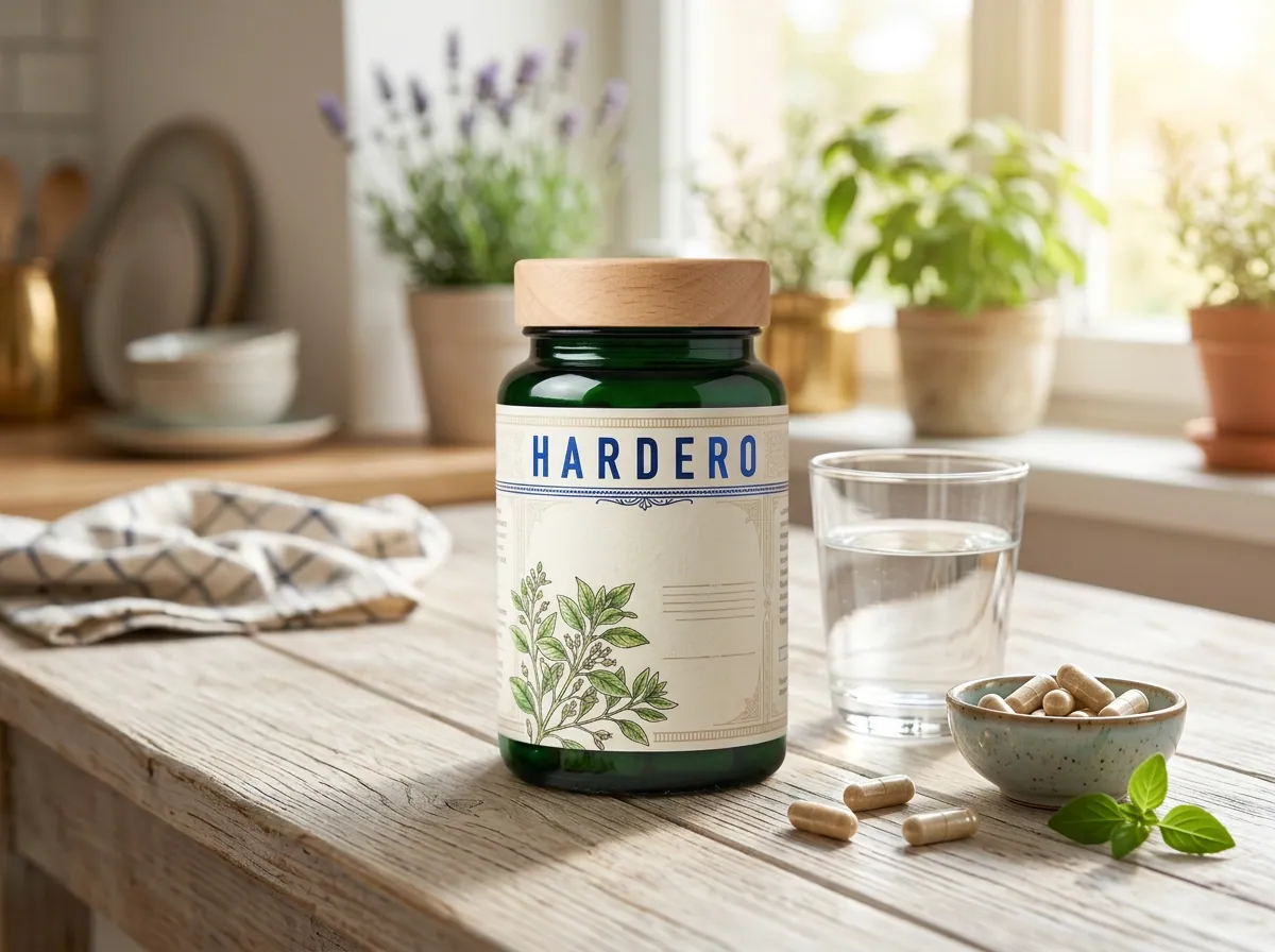 Hardero supplement bottle on marble surface with glass of water and saw palmetto berries