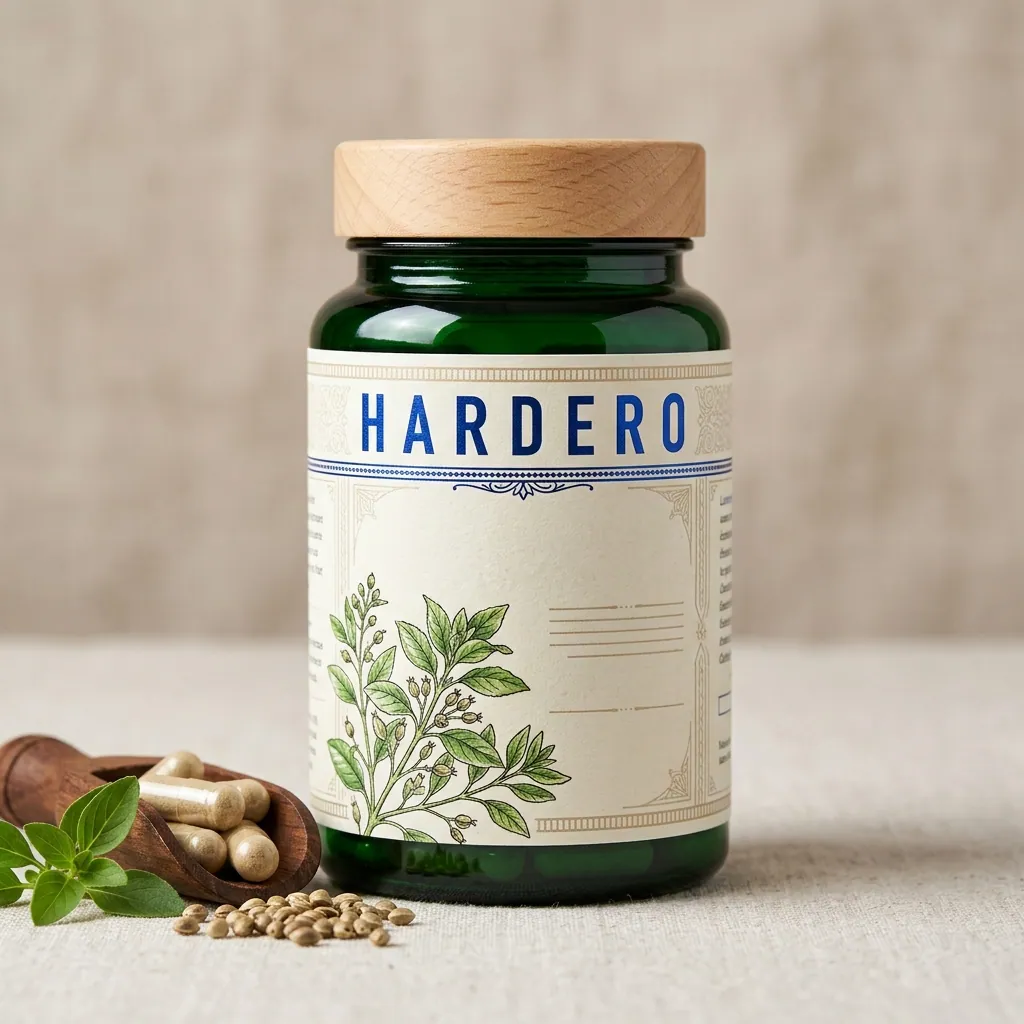 Hardero dark navy supplement bottle - 90 capsules, plant-based men's wellness formula